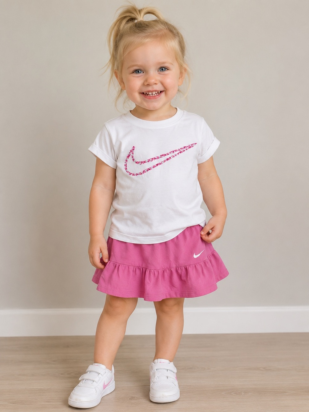 Nike White Tee with Pink Floral Swoosh and Pink Skort
